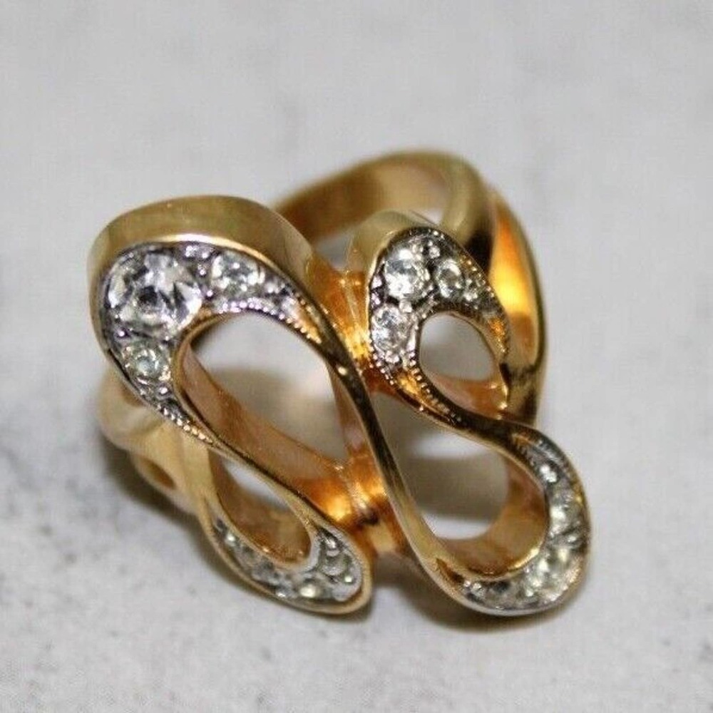 Unique Design 18K HGE Gold Ring, with Simulated Diamonds, Statement Piece Size 8